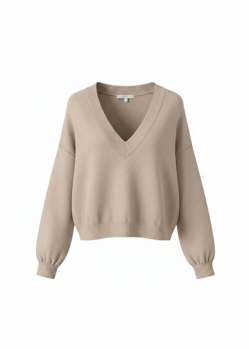 Hollister Women Small Beige Taupe V-Neck Cropped Knit Sweater Oversized Pullover